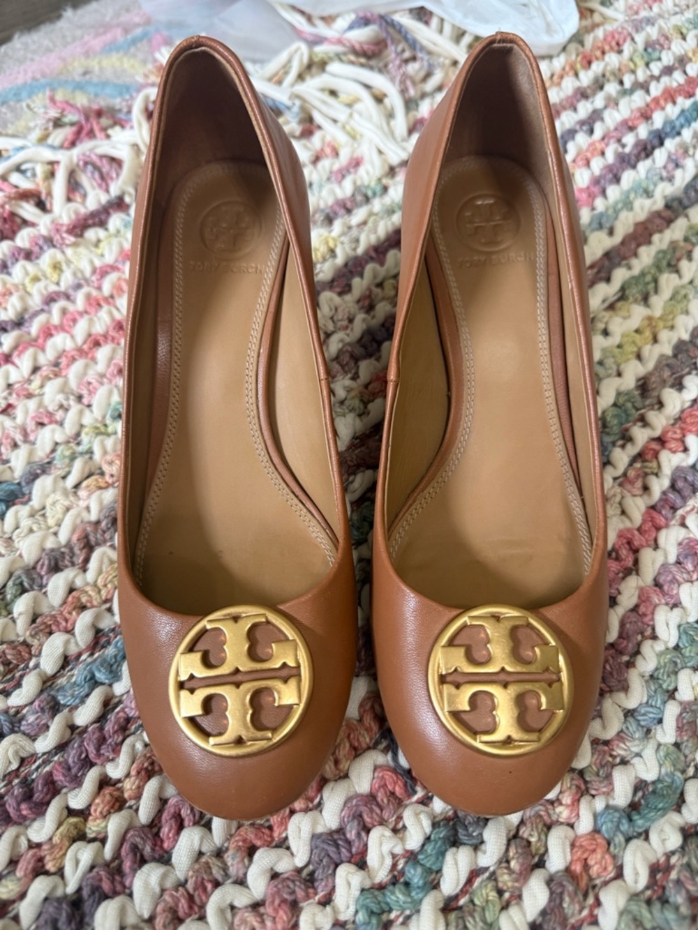 Tory Burch Tan Leather Logo Chelsea Wedge with Gold Emblem